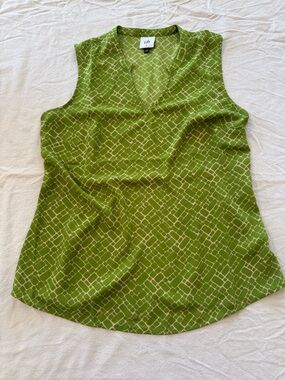 Cabi Cobblestone Top #6383 Green/Tan Geometric Lattice Sleeveless Blouse [S]